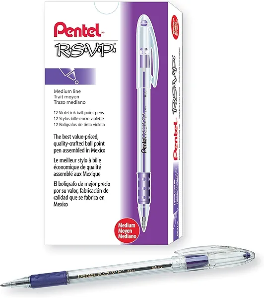 Pentel BK91V R.S.V.P. Stick Ballpoint Pen, 1mm, Trans Barrel, Violet Ink, Dozen