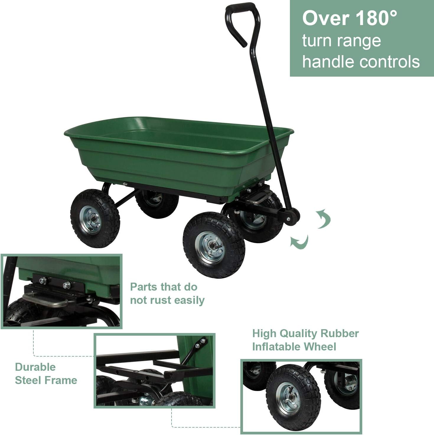 Kintness Garden Dump Cart Utility Yard Outdoor Wagon Carrier Trolley Tool with Steel Frame and Pneumatic Tires 600-Pound Capacity Green : Patio, Lawn & Garden