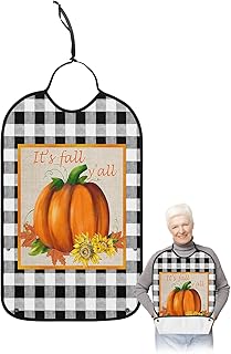 BOBOWUNY Thanksgiving Adult Bibs for Elder Women Men Eating, Rustic Black White Plaid Pumpkin Sunflower Waterproof & Washable Bibs for Eating Clothing Protector Dining Bibs for Crumb Catcher