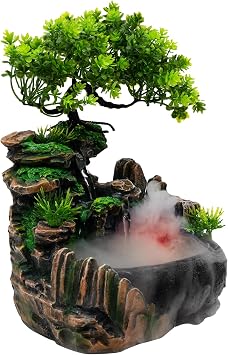 Rockery Water Fountain, 220V Small Indoor Desktop Resin Waterfall Fountain Tabletop Fountain Waterfall Ornament with LED Lights&Atomizer for Living Room, Bedroom, Study