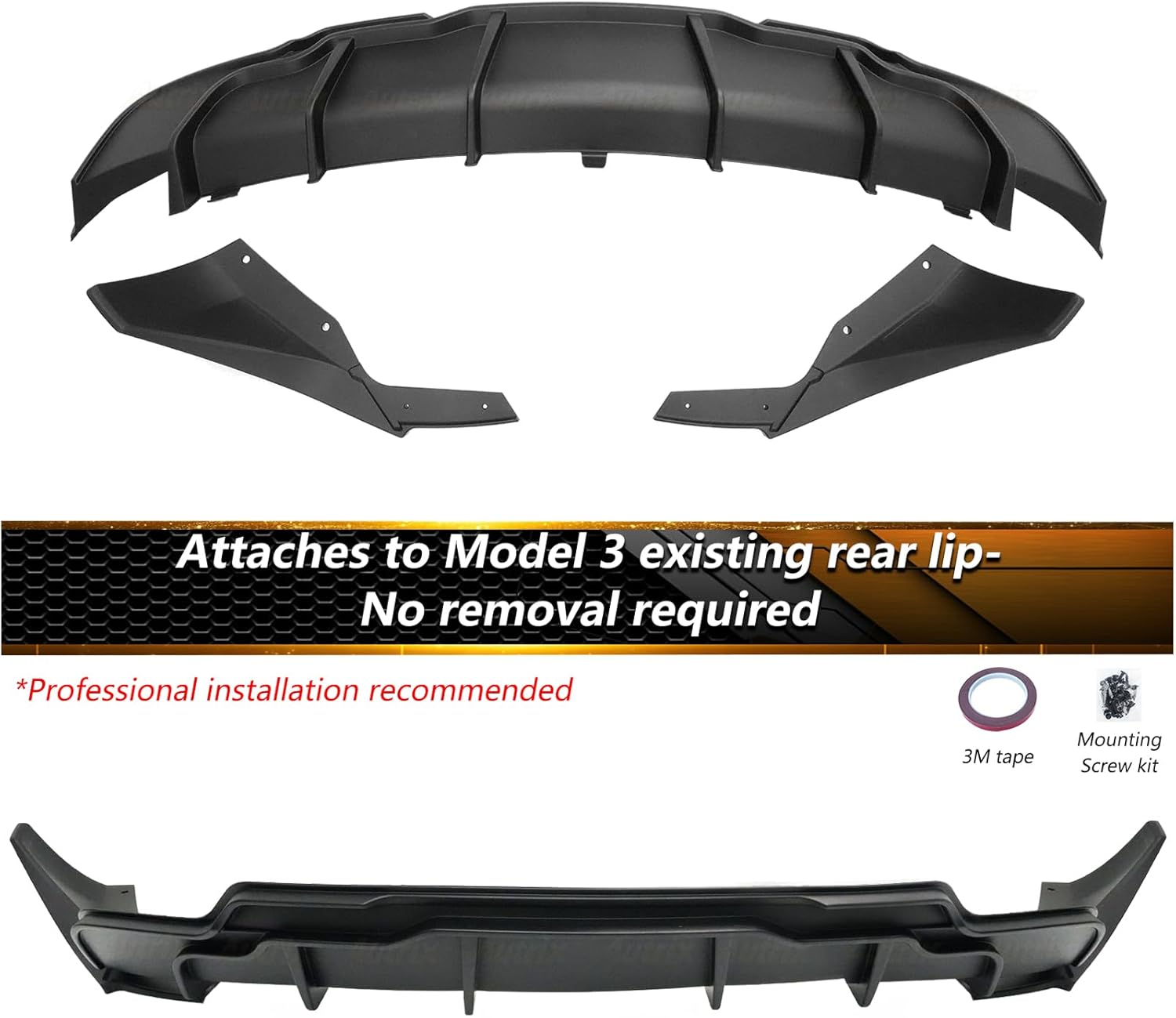 Full Body Kit for Tesla Model 3 2017-2023, Aero Package Front Lip, Rear Diffuser, Side Skirts, Spoiler, Fog Light Covers Performance Styling Matte Black