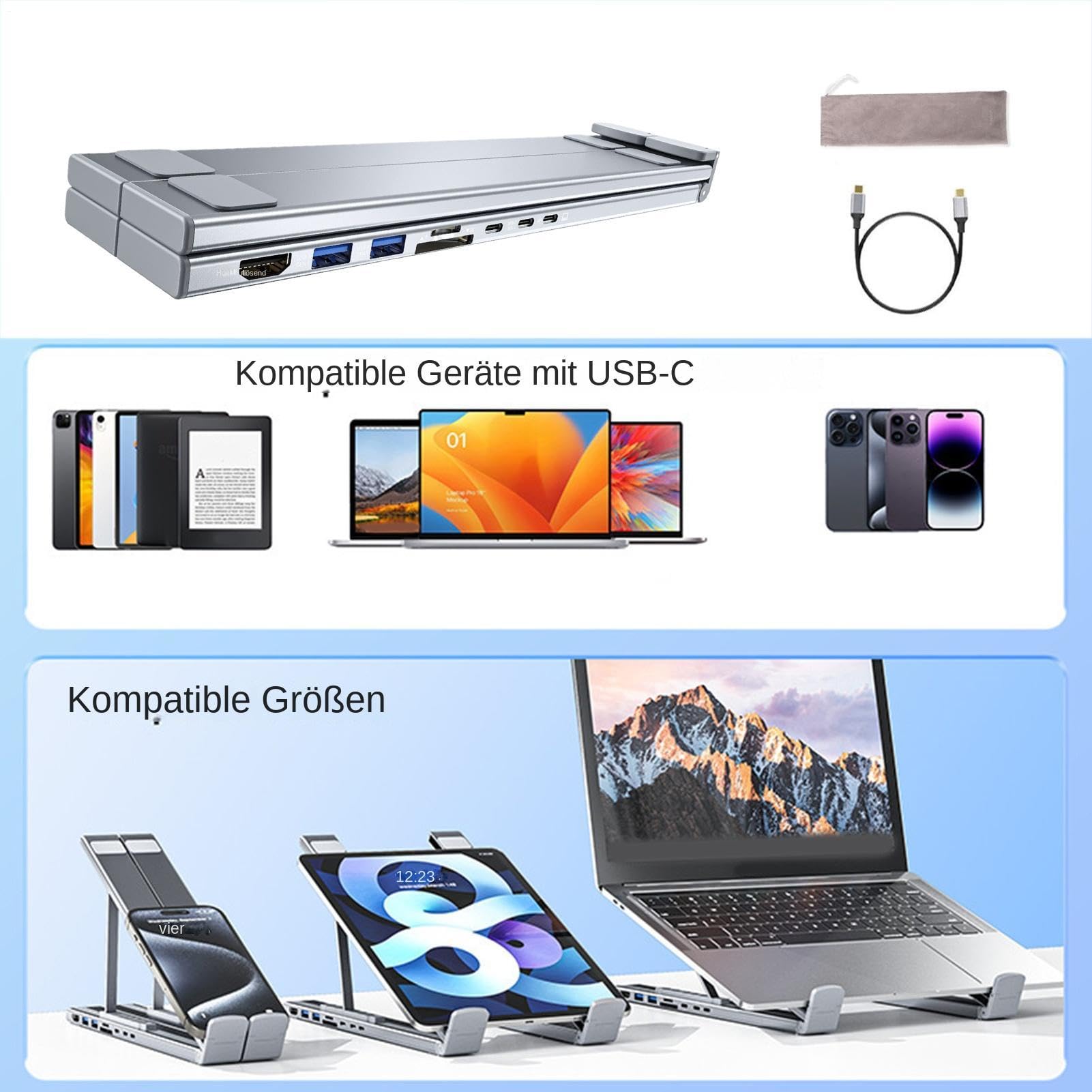 Supporto per laptop con hub USB C 8 in 1, portatile, ergonomico | Supporto pieghevole per laptop da 5 Gbps, con porte USB, per scrivania, viaggi, casa, lavoro,