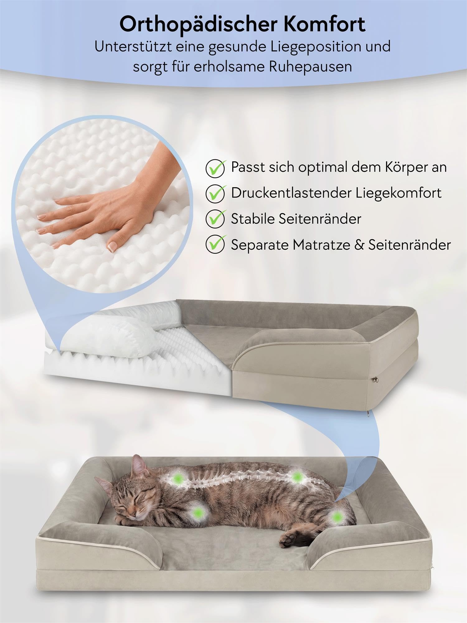 Ergonomisches Katzenbett für Europäische Kurzhaar, 50x60x14 cm, für Maine-Coon und kleine Hunde - Orthopädisches Katzenkissen - waschbares Katzenkörbchen mit hohem Rand Beige 50 cm x 60 cm x 14 cm