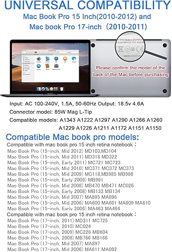 Miniatura 2 de Cargador Mac Book Pro, adaptador de corriente alterna de repuesto de 85 W, compatible con adaptador para Mac Book Pro de 15 pulgadas y 17 pulgadas