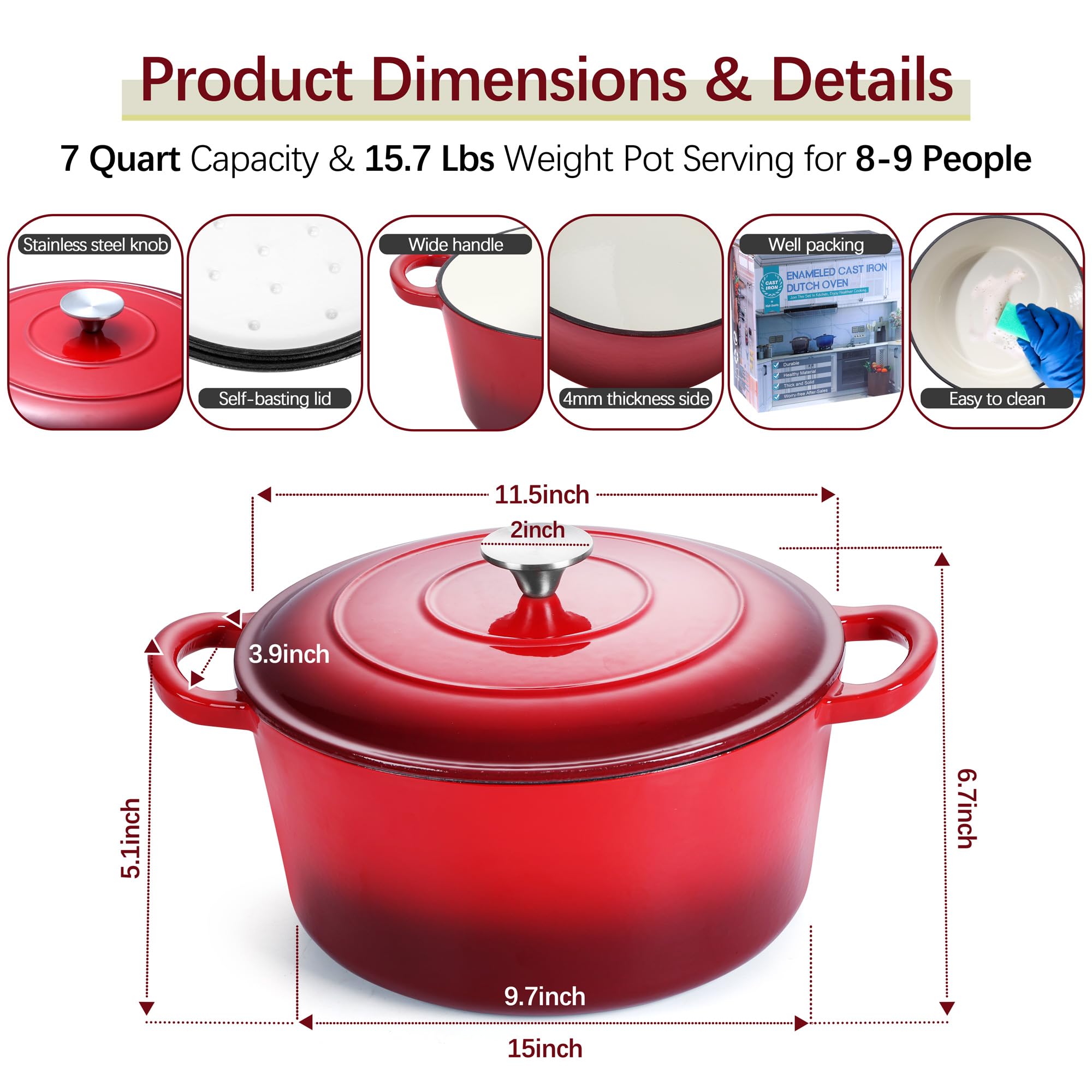 E-far Forno olandese smaltato 7QT, pentola rotonda in ghisa olandese con coperchio per cuocere pane/brasare/arrostire/stufare, pentole antiaderenti resistenti sicure per induzione e forno, rosso