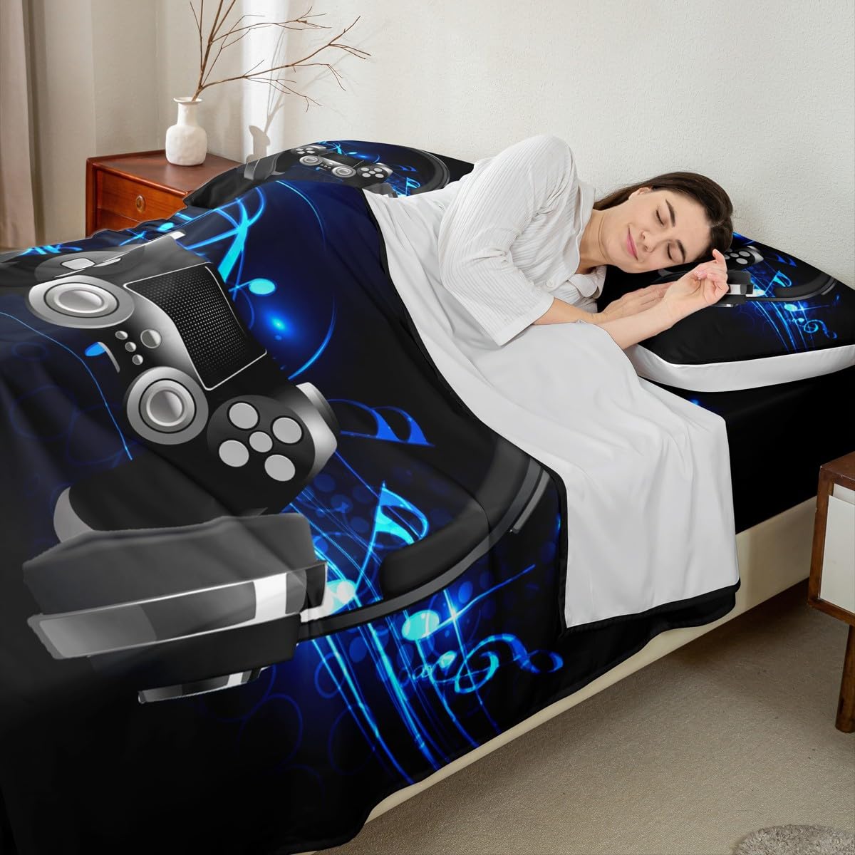 Loussiesd Set di biancheria da letto per giochi 200x200cm controller per videogiochi copripiumino per console per giocatori pulsanti di azione Copriletto morbido luminoso per camera da letto con ross