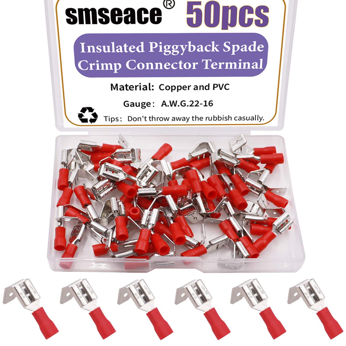 smseace 50PCS Piggyback Spade Terminal 2216AWG Red Terminals Semi