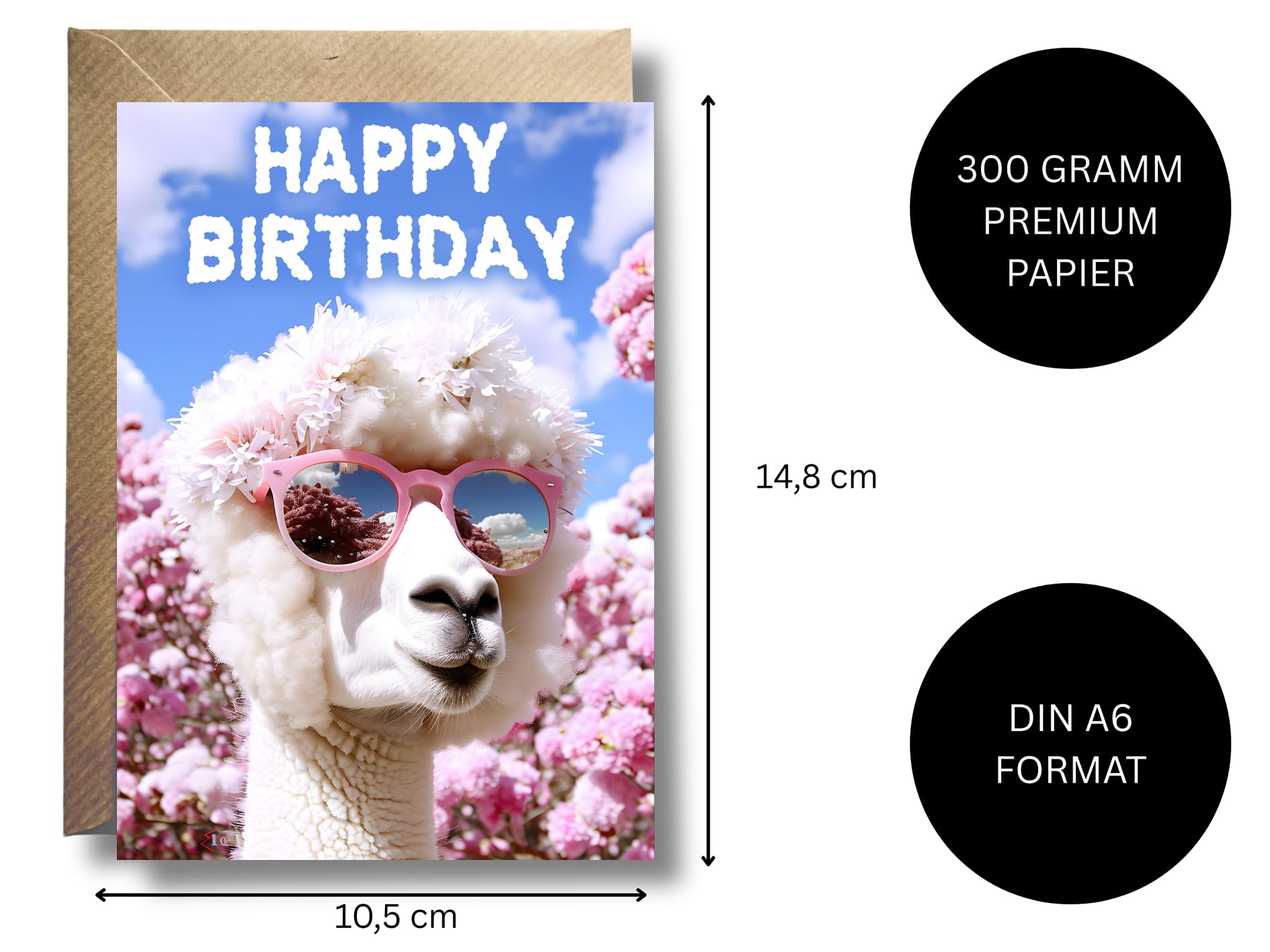 Tache Carte D'anniversaire « Happy Birthday Llama » De Qualité Supérieure Faite à La Main Certifiée FSC® Avec Enveloppe. Carte D'anniversaire Pour