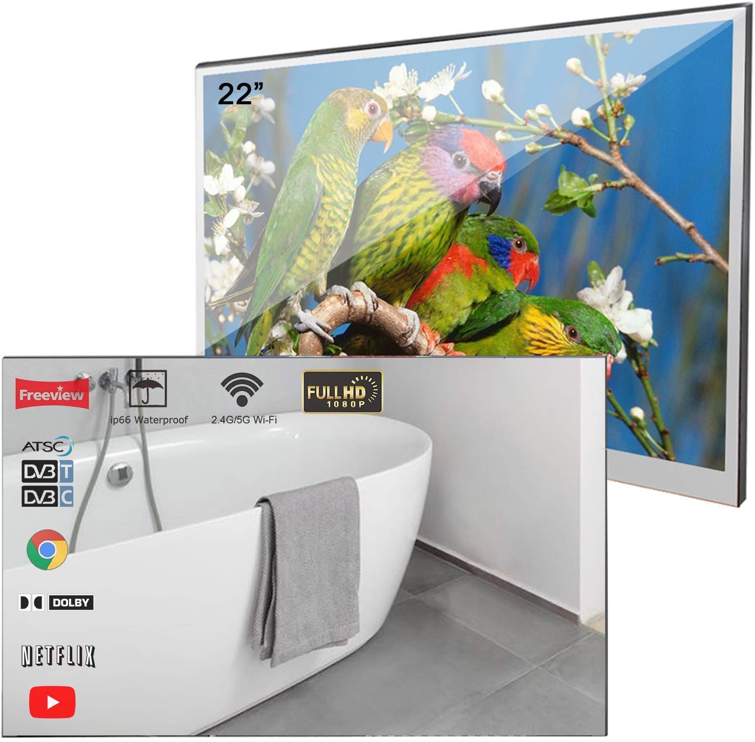 Soulaca 22 inches Bathroom Magic Mirror LED TV Android 7.1 IP66 Waterproof Embedded Shower Television (Velasting FBA)