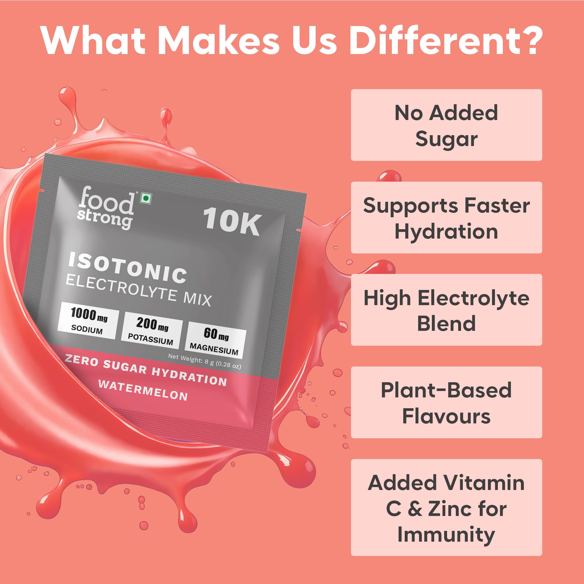 Foodstrong 10K Isotonic Electrolyte Mix – Zero Sugar Hydration | 1000mg Sodium, 200mg Potassium, 60mg Magnesium | Electrolyte Drink Mix – Watermelon Flavour – 8g Sachet, Pack of 12 - Image 5 thumbnail