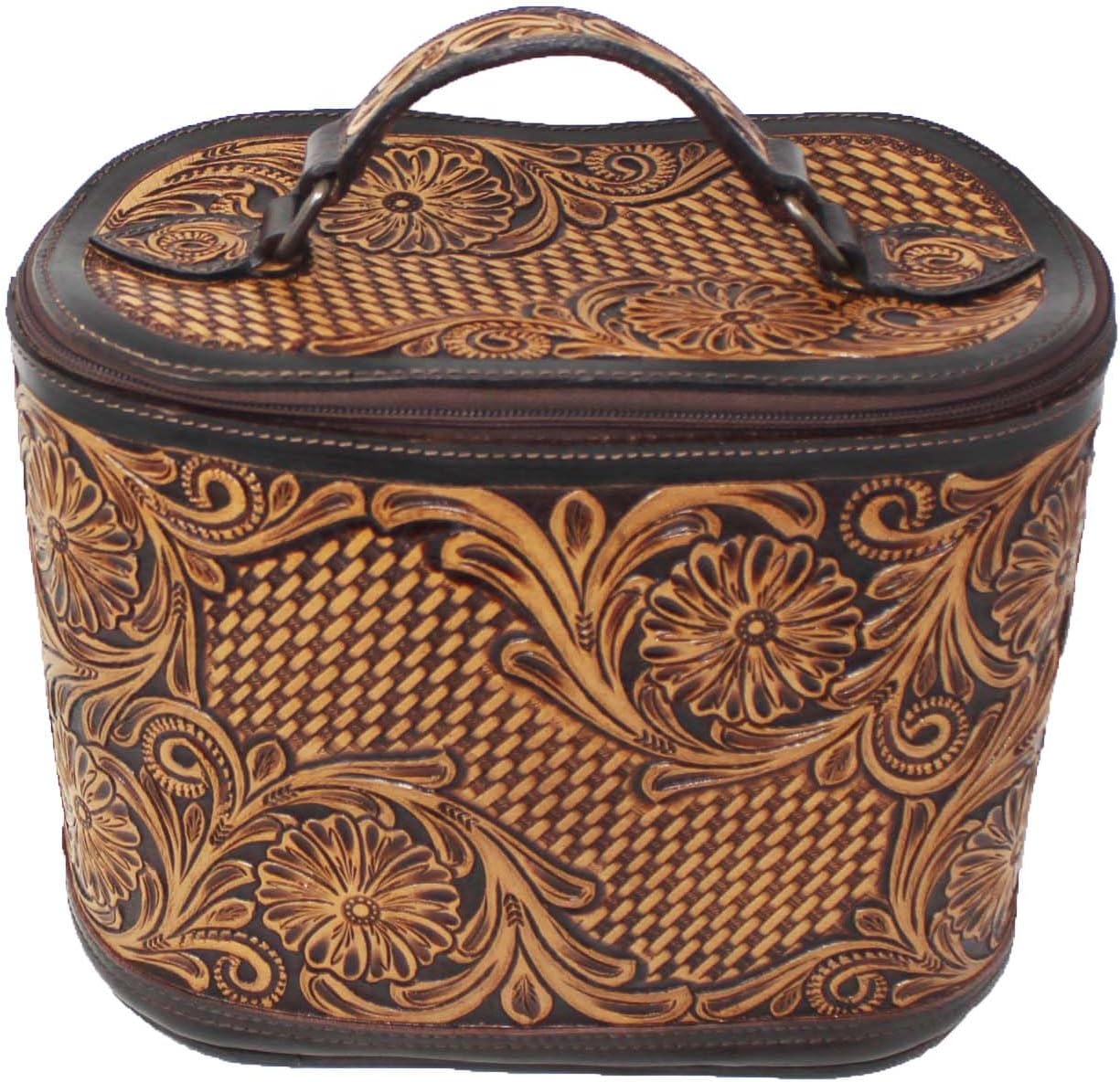 CHALLENGER Western Floral Tooled Buckstitch Leather Cowhide Travel Toiletry Dopp Kit Train Bag 18FKT19