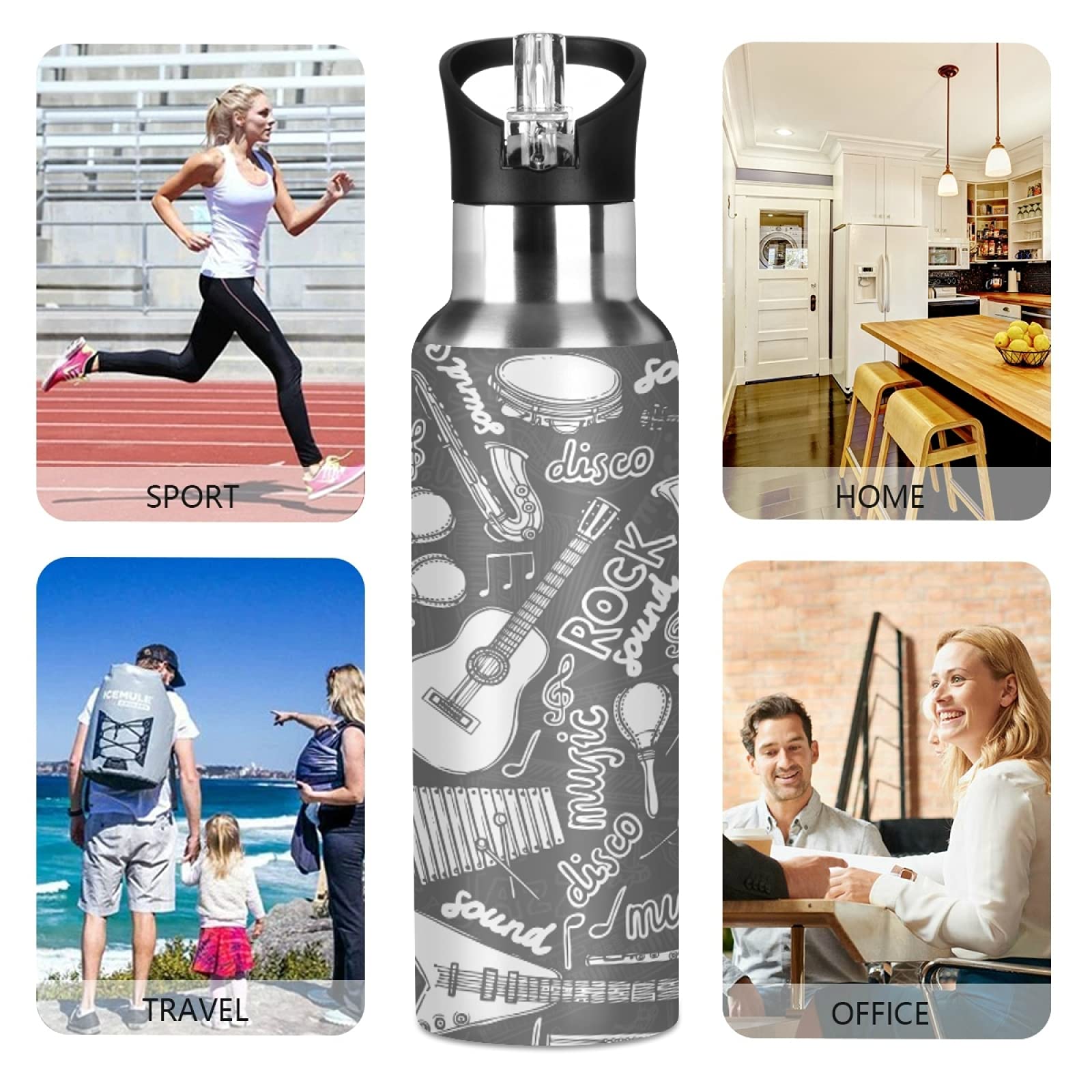 Trinkflasche 600 Ml, Edelstahl, Isoliert – Mit Rock’n’Roll-Gitarren-Motiv, BPA-frei, Mit Strohhalm, Für Schule & Sport