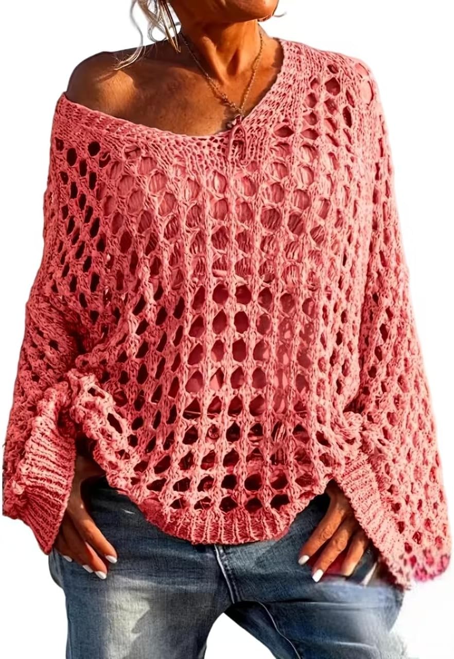 Women's Crochet Knit Pullover Sweater, Long Sleeve, Loose Fit, Lightweight