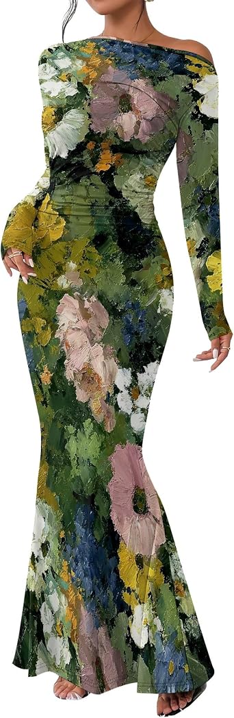 Fall One Shoulder Long Sleeve Bodycon Ruched Sexy Long Dresses Elegan Slim Fit Vintage Fishtail Dress for Party