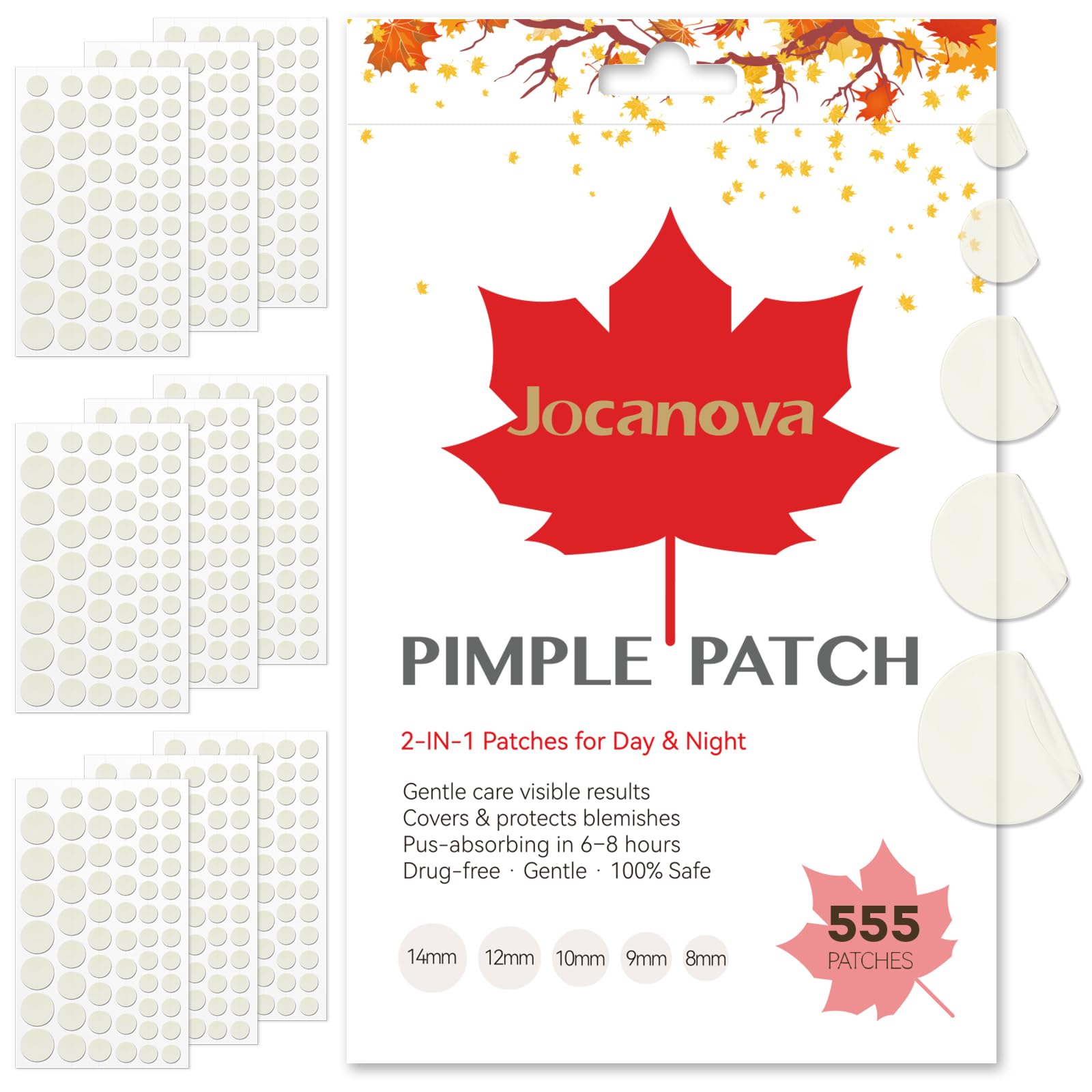 Jocanova 555 Count Pimple Patches with Salicylic Acid, Tea Tree & Calendula – Hydrocolloid Patches, Acne Patches for Face, 5 Sizes Invisible Zit Patches, Pimple Stickers