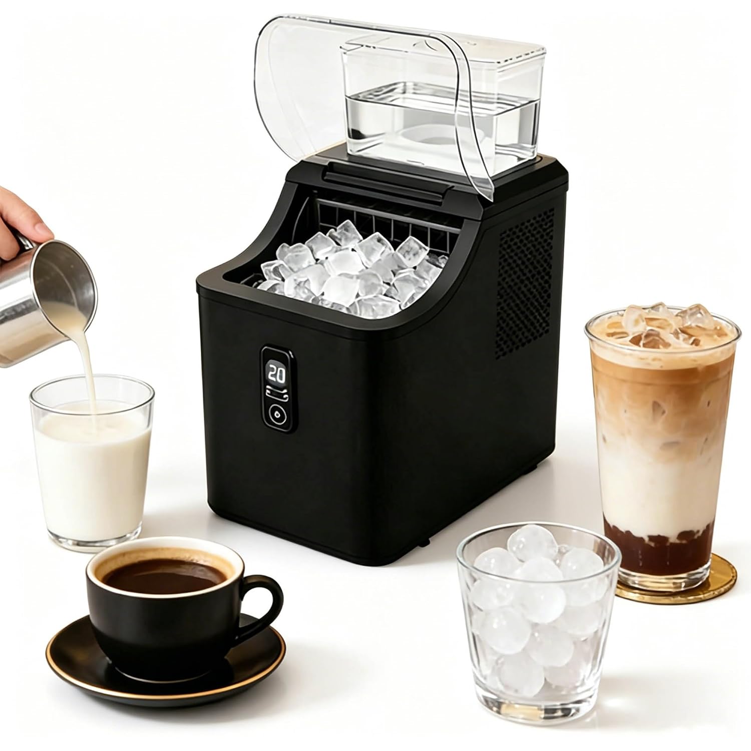 Countertop Ice Maker Machine – 11.8kg/24H Fast Square Ice Production, 14-Min Cycle, 24 Cubes Per Batch, 1.6L Tank No Plumbing, Ultra-Quiet for Home Bar, RV, Cafe