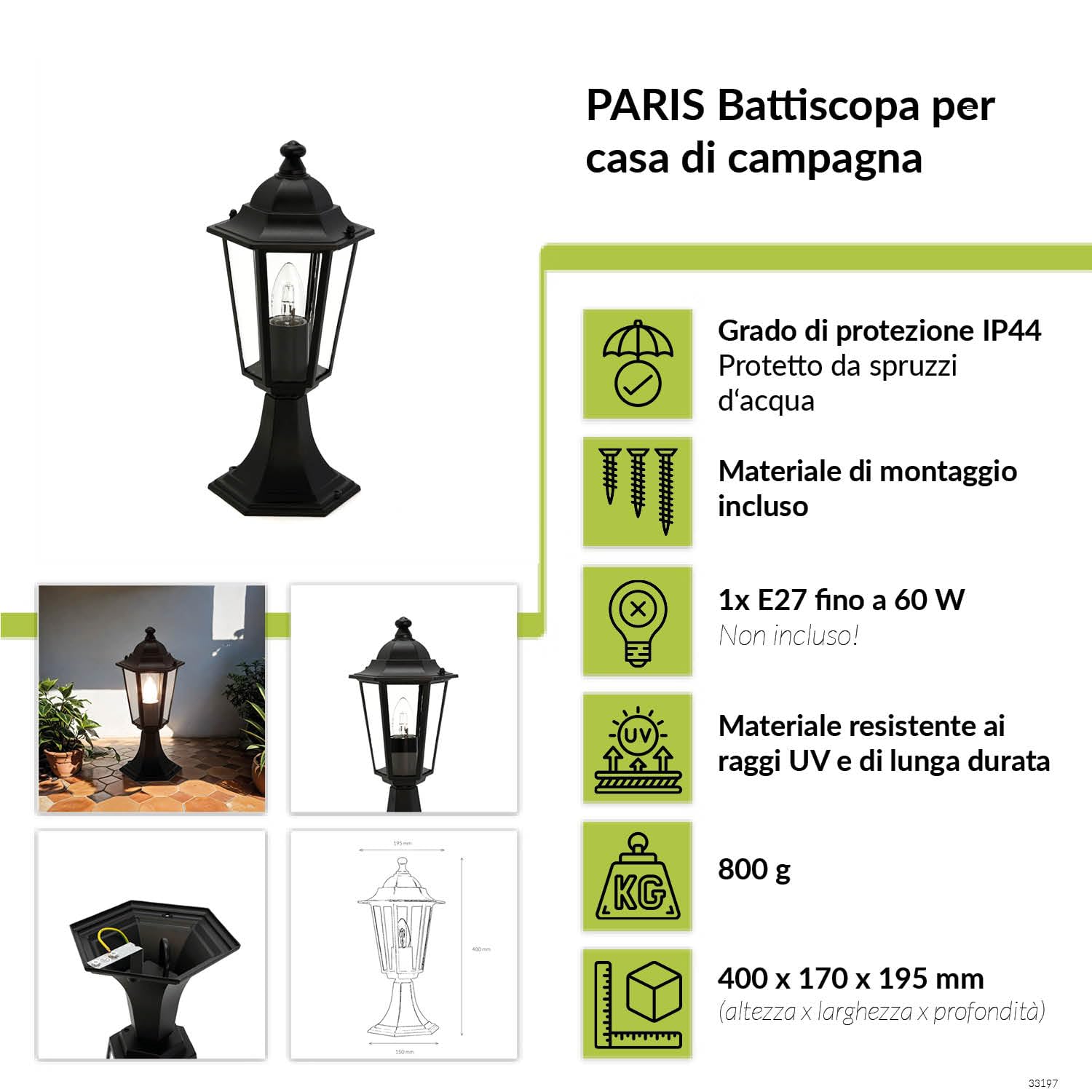 Easylight Lampada da sentiero in vetro alluminio nero IP44 terrazza H:40 cm E27 Lanterna rustica nostalgica da piedistallo per esterni PARIS