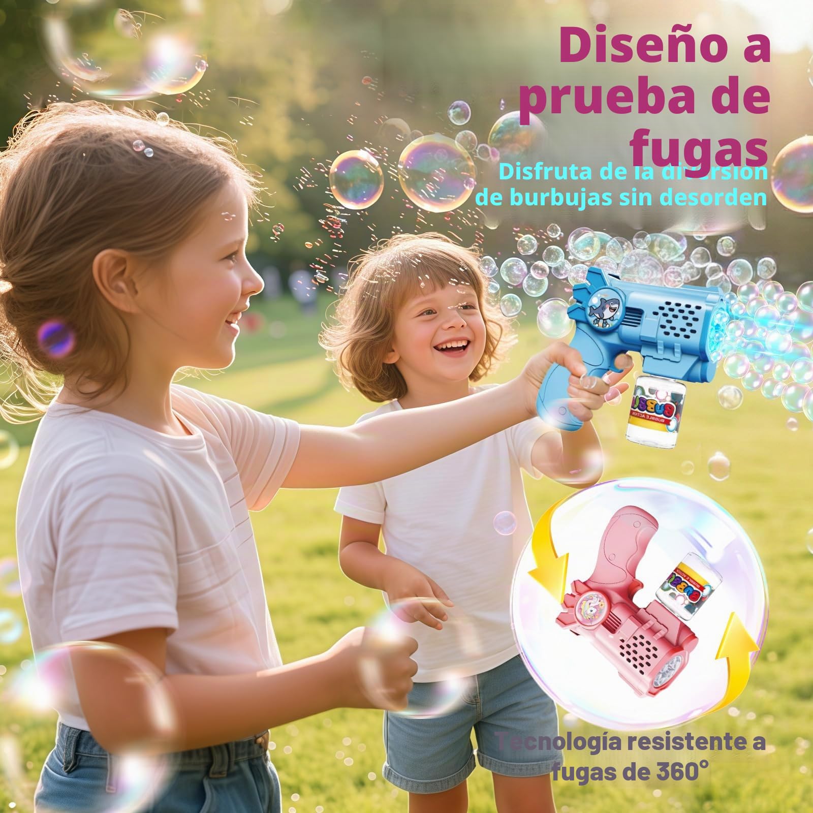 Tecnock Pack de 3 Pistolas de Burbujas Automáticas para Niños, 12 Pilas AA Incluidas, 3 Botellas de Solución y 5 Recargas, Ligeras, Antiderrames, Regalo de Cumpleaños y Detalles para Fiestas