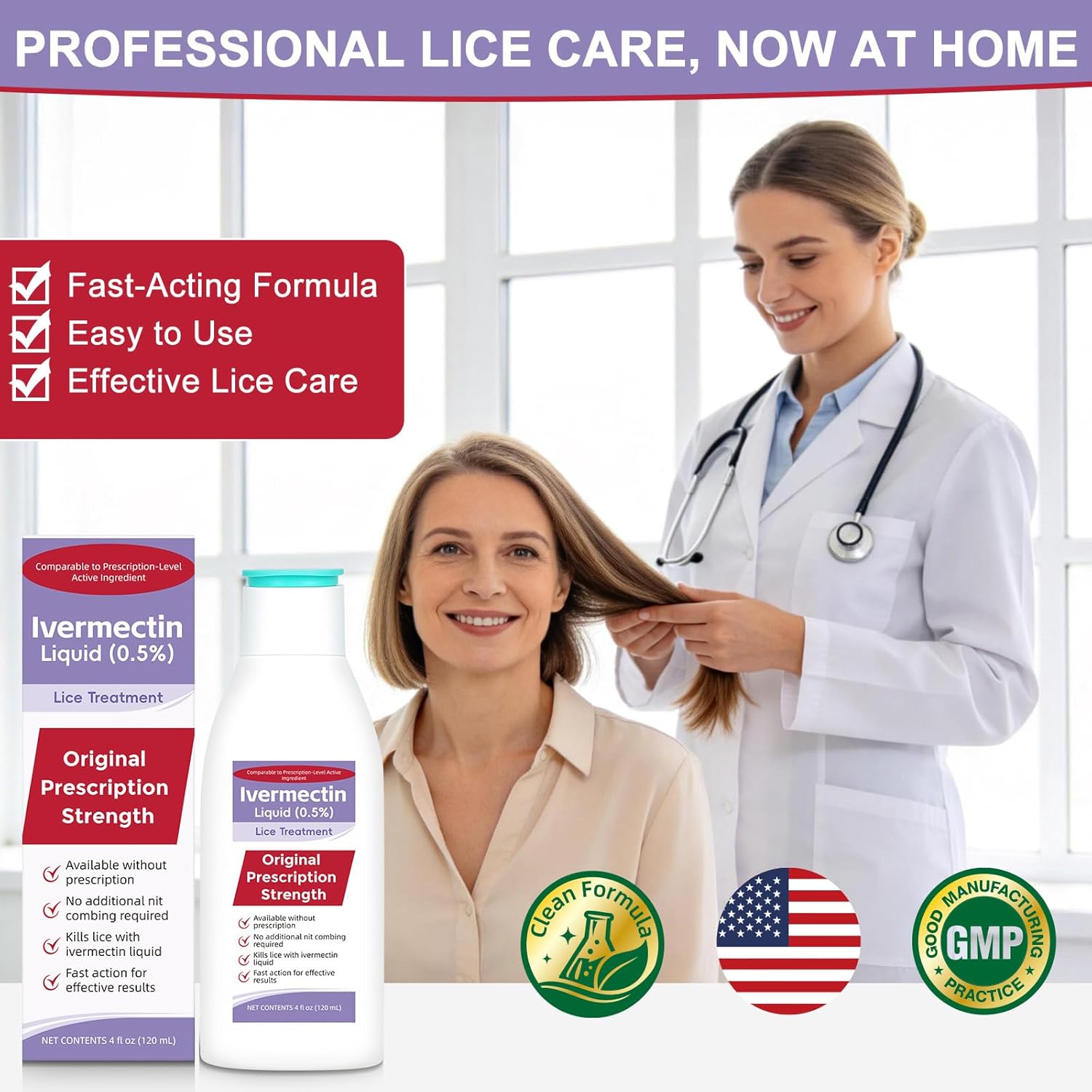 Ivermectin Liquid 0.5% Lice Treatment for Adults (4 Fl Oz), Fast-Acting, Prescription Strength Head Lice & Egg Treatment, for Adults