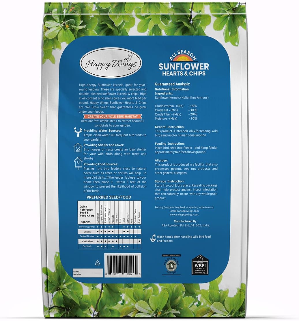 Happy Wings Sunflower Hearts & Chips Bird Food 15 lbs No Mess, No Waste Seed No Grow Formula Ideal for Wild Birds, Finches, Sparrows, and Year-Round Feeding.