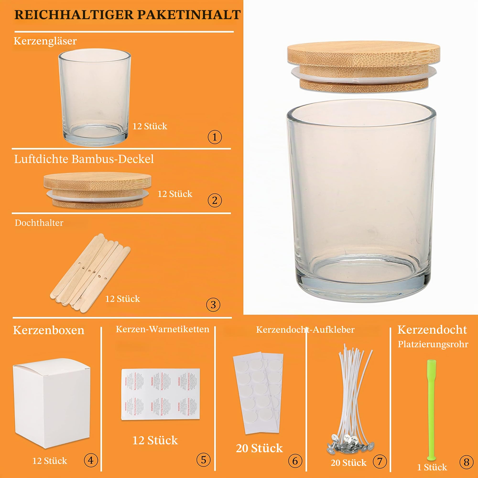 MILIVIXAY Klare Kerzengläser aus Glas mit Deckeln 12er-Pack 295 ml
