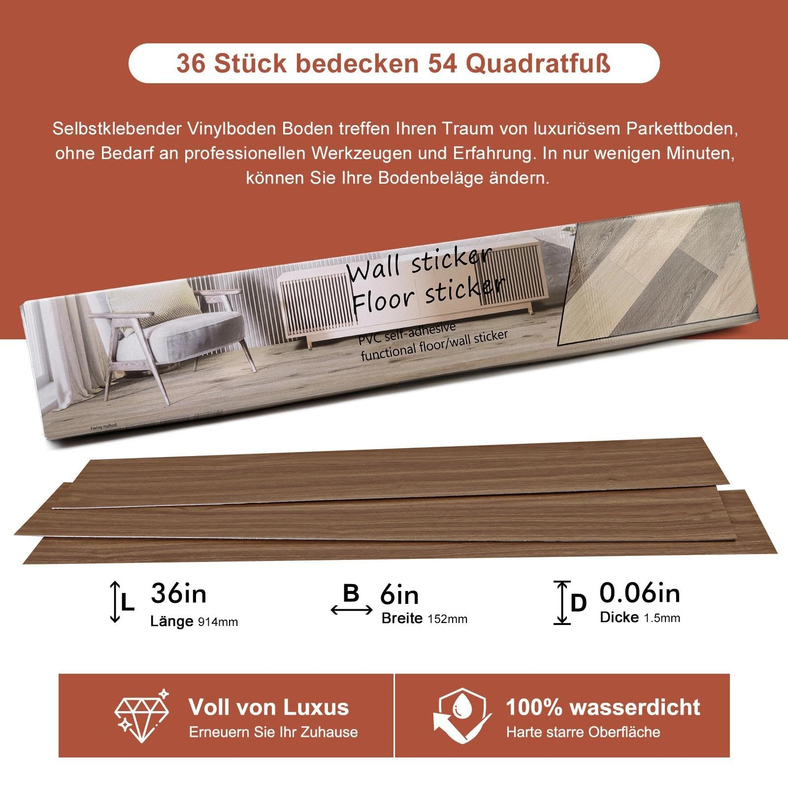 36 piastrelle per pavimenti in vinile color noce chiaro, autoadesive, rimuovere e incollare, 5,02 m², per soggiorno, bagno, cucina, camera da letto