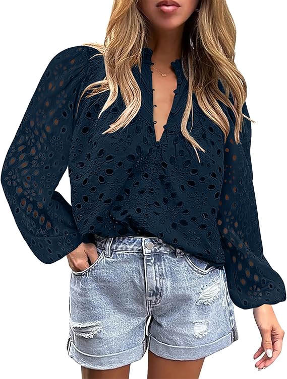 BETTE BOUTIK Women's Long Short Sleeve Tops 2025 Dressy Casual Button Hollow Out Lace Embroidered Blouses Shirts