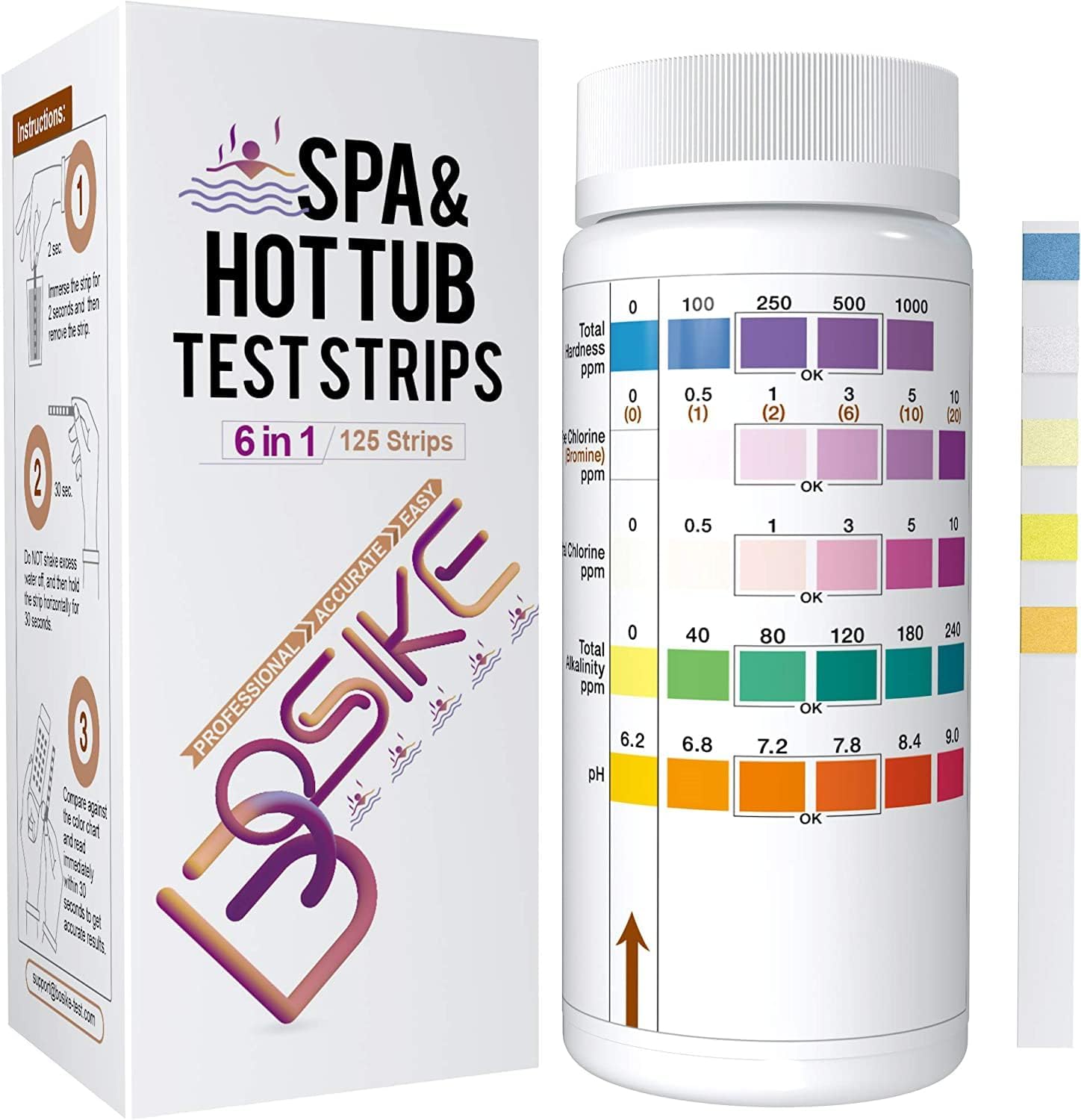 BOSIKE 6 in 1 Hot Tub Test Strips - 125 ct - Water Testing Kit for Swimming Pool & Spa - Tester for Hardness, Total & Free Chlorine, Bromine, Alkalinity & pH