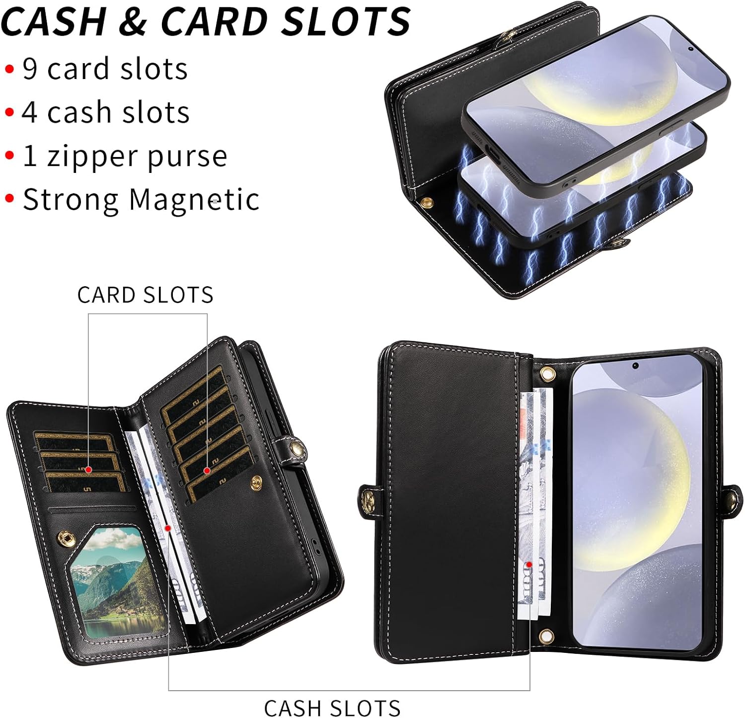 Phone Case for Samsung Galaxy S25 Plus S25+ 5G Zipper Wallet Detachable Magnetic Cover with Screen Protector Crossbody Lanyard Strap Bling Credit Card Holder Slots S25Plus 25S + Women Girls Black