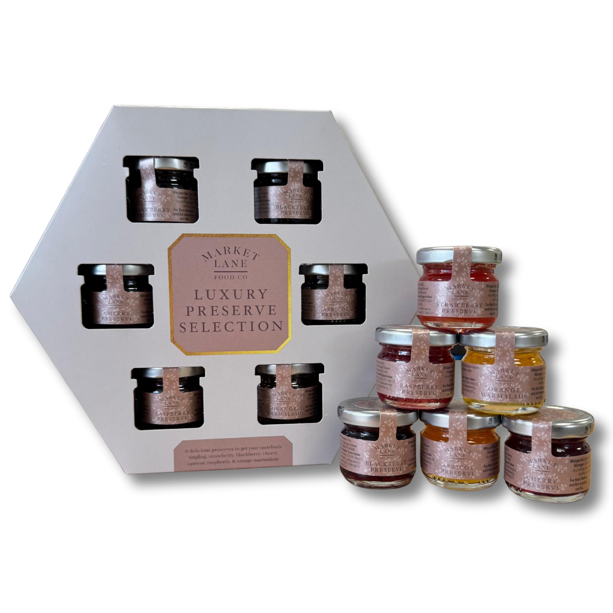 Luxury Preserves Selection Gift Set by Hampton - 6 x Jams and Preserves - Apricot, Strawberry, Cherry, Raspberry, Orange, Blackberry in Glass jars 42g each - Market Place by Hampton