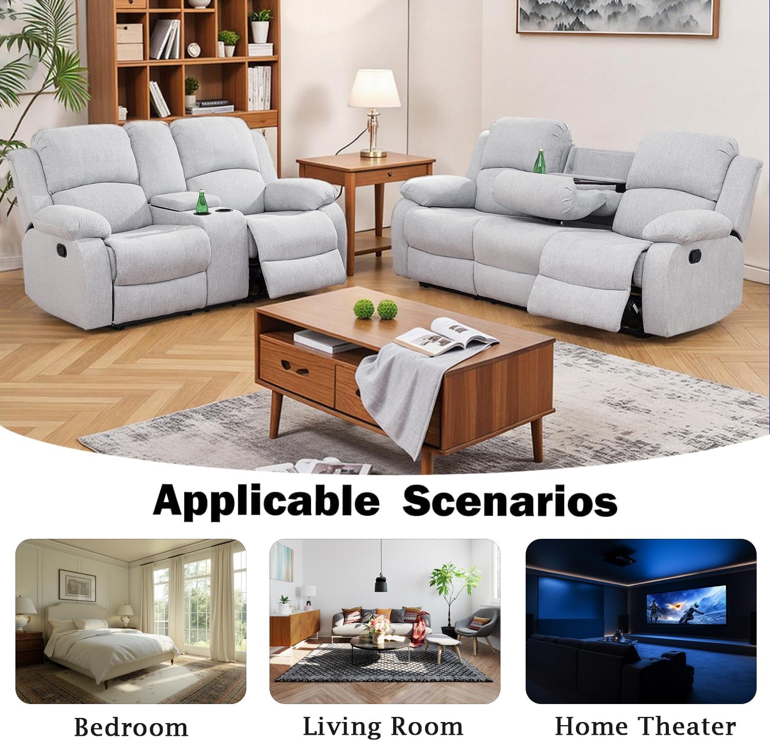 2 Pieces Recliner Sofa Set，Fabric Recliner Sofa and Loveseat for Living Room Furniture Sets，Grey Reclining Sofa Set for Living Room/Office/Theater Seating(2 Pieces Set)