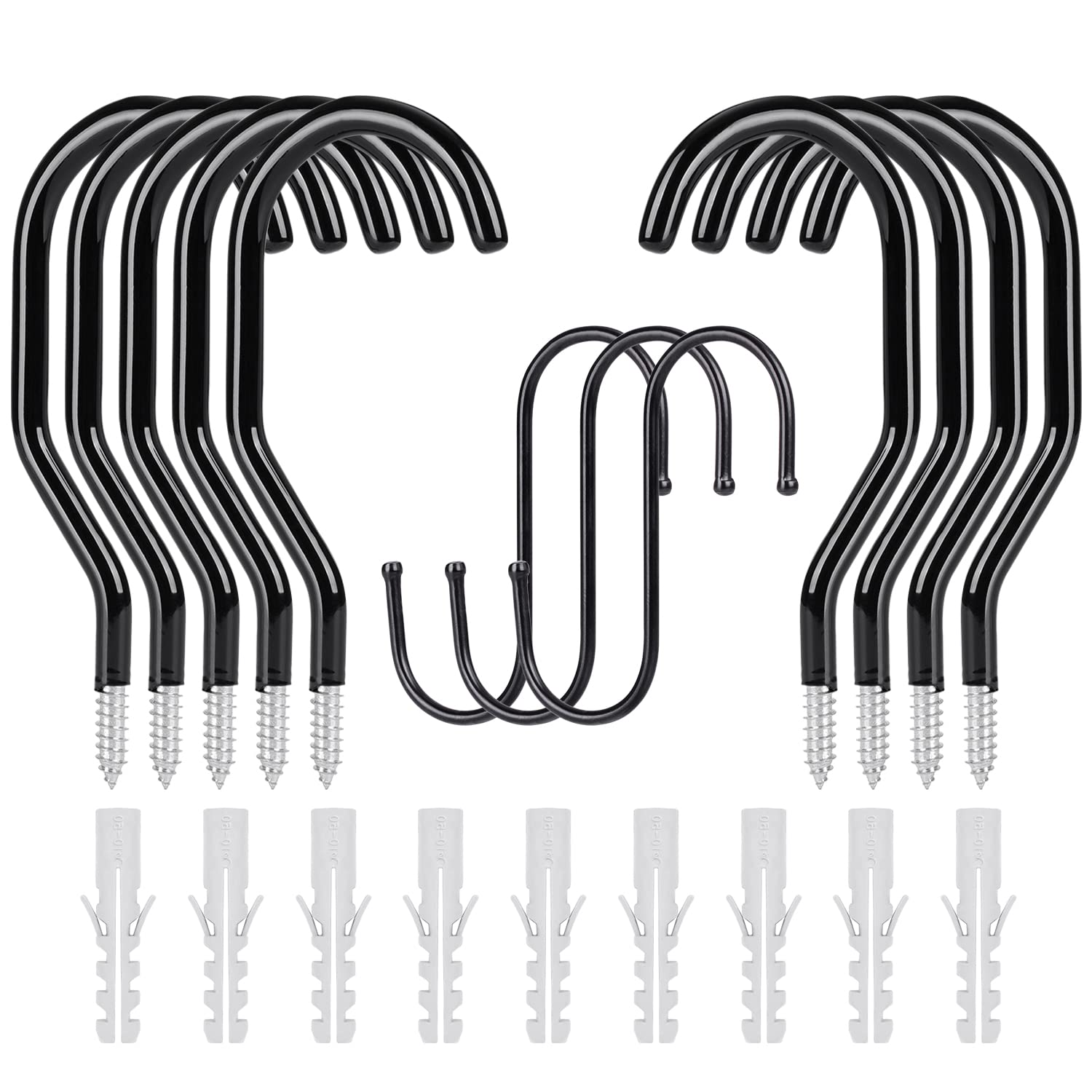 ANPENLarge Screw-in Ceiling Hook, Rubber Coated, Heavy Duty for Wall Mount or Ceiling Storage of Bikes, Ladders, Lawn Furniture, Tools, Cords and Hoses （9 Pack Screw-in Hooks+3Pack S-Shaped Hooks）