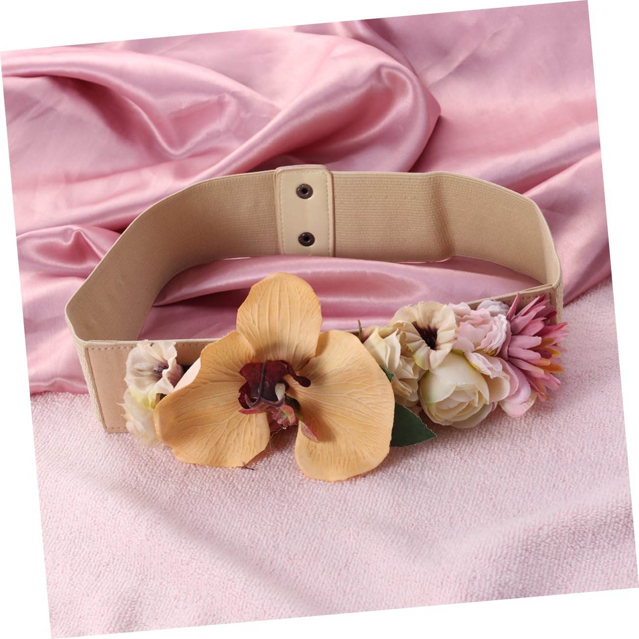 3piezas Cinturón De Flores Artificiales Para Mujer Banda Elástica Ancha Color Khaki Diseño Innovador Para Looks Únicos y Elegantes
