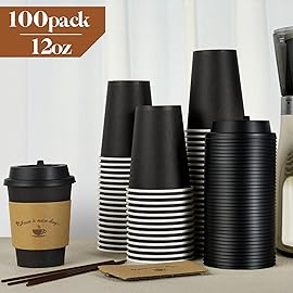 LITOPAK 100 Pack 12 oz Paper Coffee Cups for Hot Chocolate Drinks, Black Disposable Coffee Cups with Lids, Sleeves and Stirring Sticks for Parties, Picnic, Travel, and Events