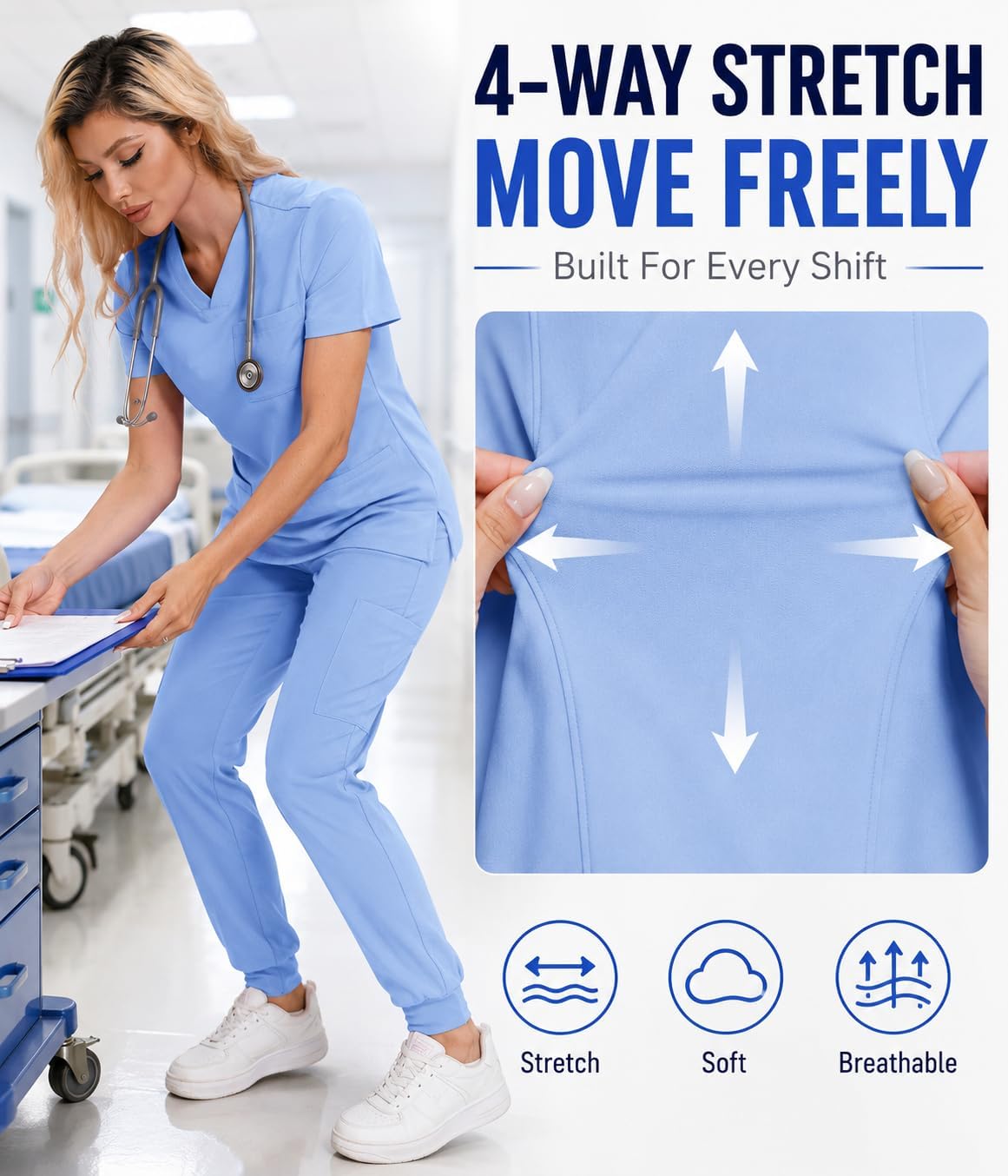 Women’s Scrub Set with 8 Pockets, Stretch V-Neck Scrub Top and Jogger Pants, Breathable Medical Uniforms