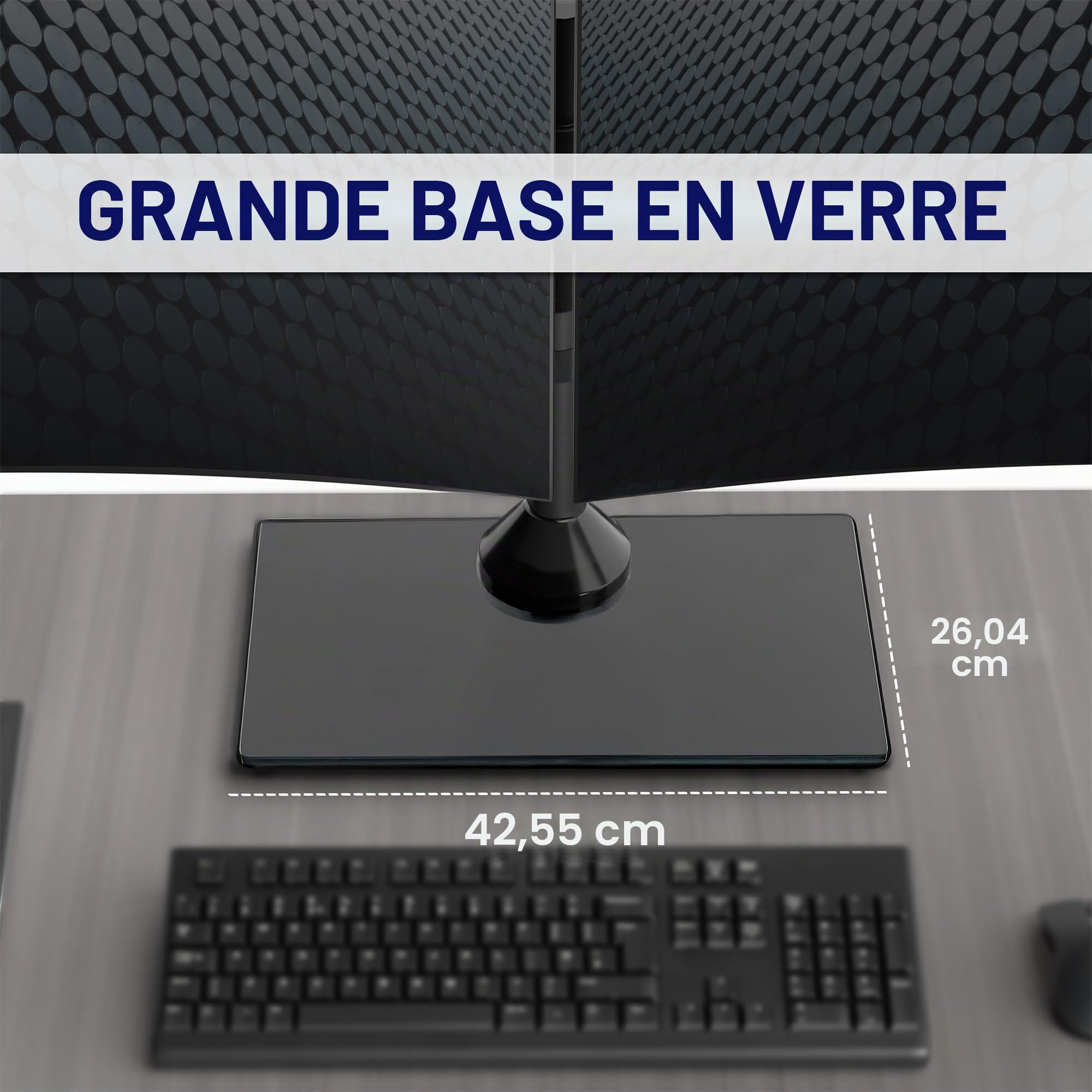 Vivo STAND-V002FG Support Autonome pour Deux écrans avec Base en Verre élégante et Bras réglables, Peut Supporter 2 écrans jusqu'à 32" et 10 kg chacun Noir