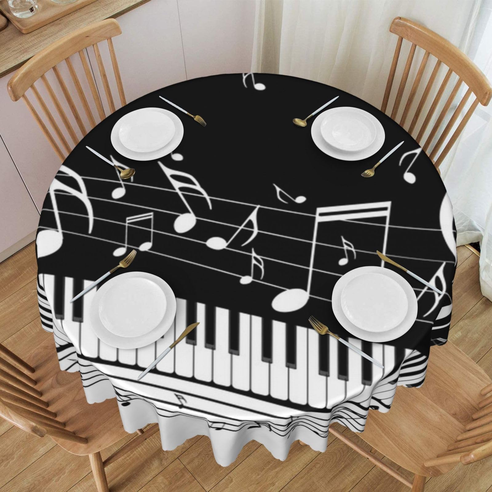 DCEHGEW 60 In Round Tablecloth with Lace, Piano Keys with Musical Notes Printed Oilproof & Washable Fabric Picnic Table Cloth Table Covers