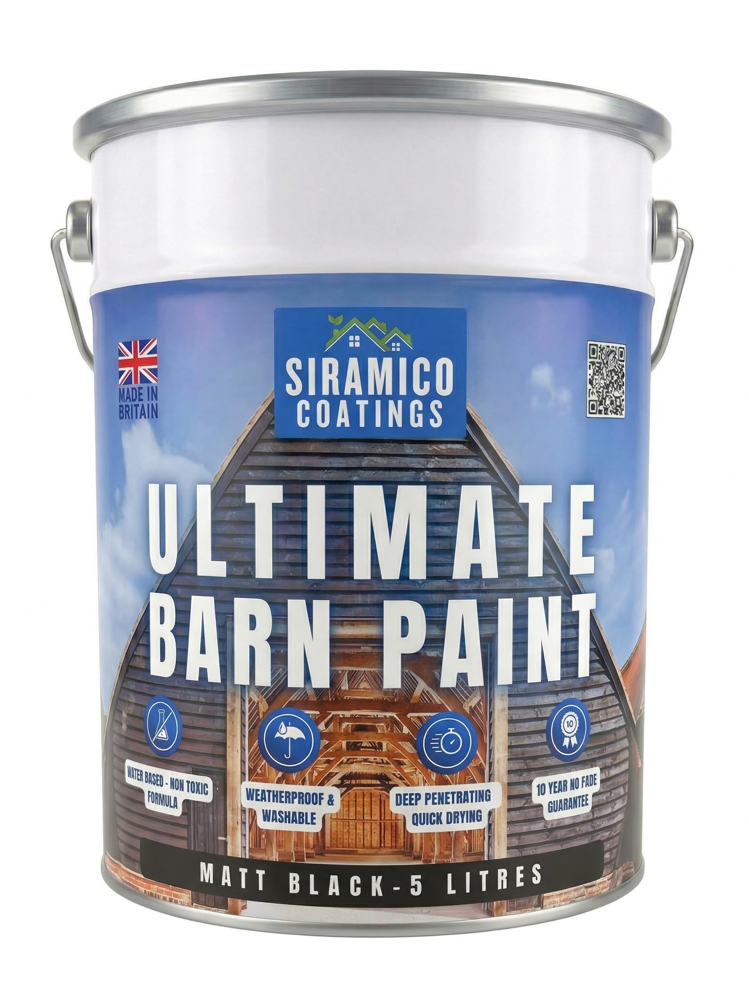 SIRAMICO COATINGS One Coat Ultimate Barn Acrylic Paint - Matt Black - 5 Litres - 10 Year Guarantee