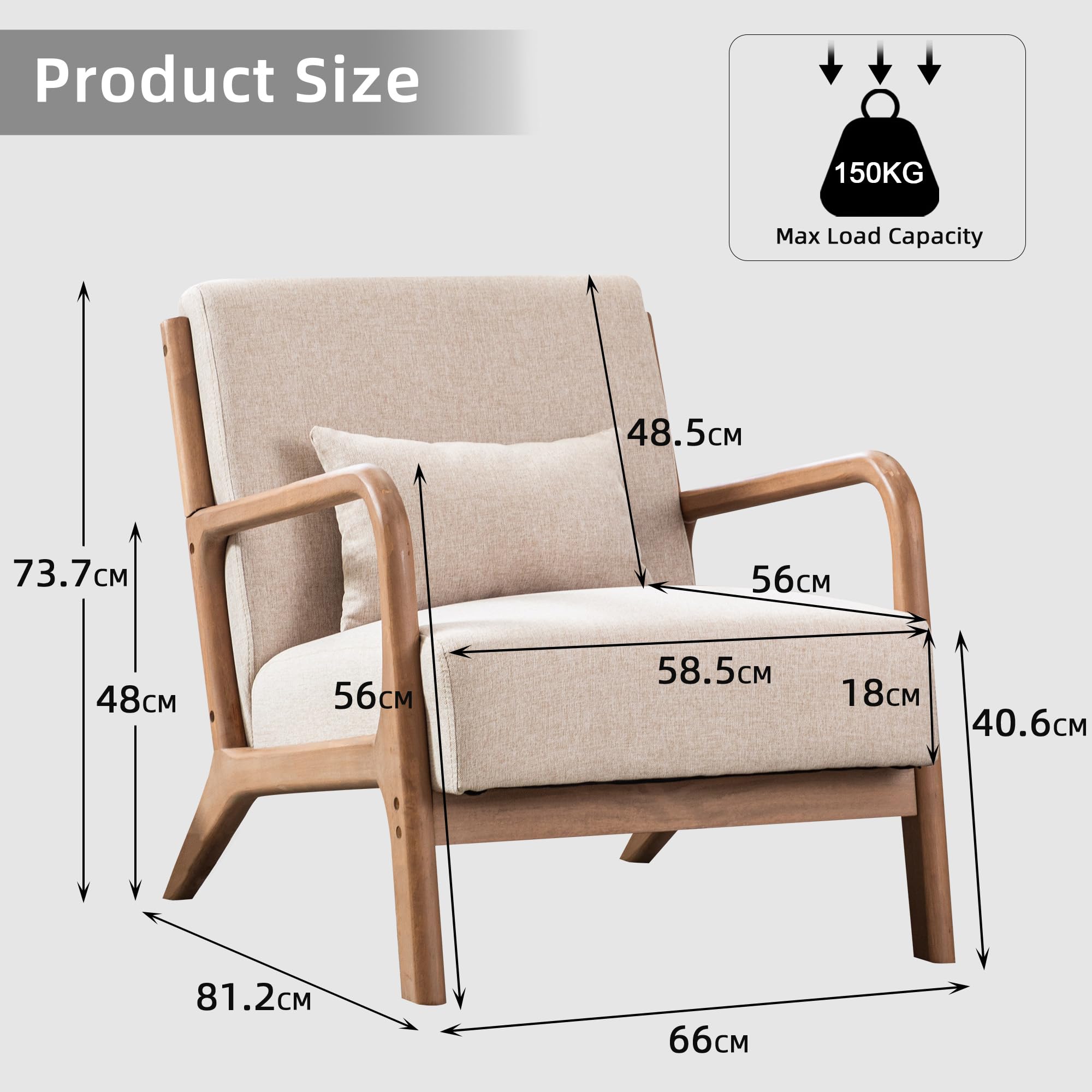 EBELLO Accent Sessel mit Kissen,Holzrahmen,gepolstert, Beige