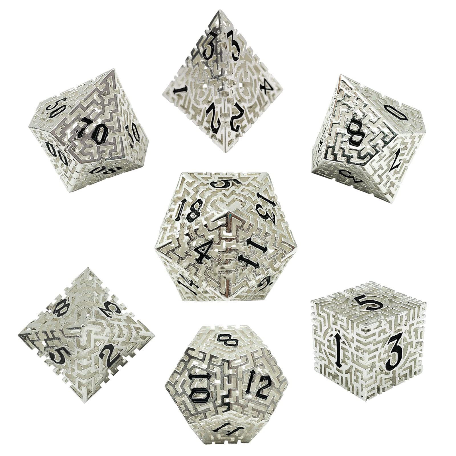 DND Polyhedron Metal Game 7piece Dice Set - Maze Creative for Dungeons and Dragons RPG Board Game D&D Warhammer Shadow Run Math Teaching(Silver Black)