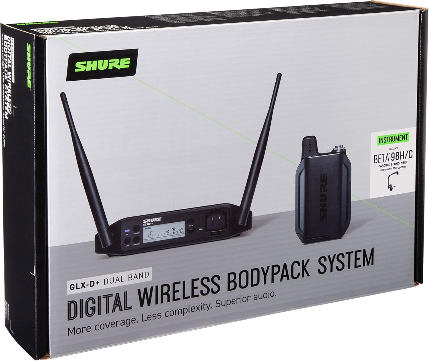 Shure GLXD14+/B98 Dual Band Digital Wireless Microphone System for Brass, Woodwinds, Percussion - 12-Hour Battery Life, 100 ft Range | Clip-on Instrument Mic, Single Channel Receiver (GLXD14+/B98-Z3)