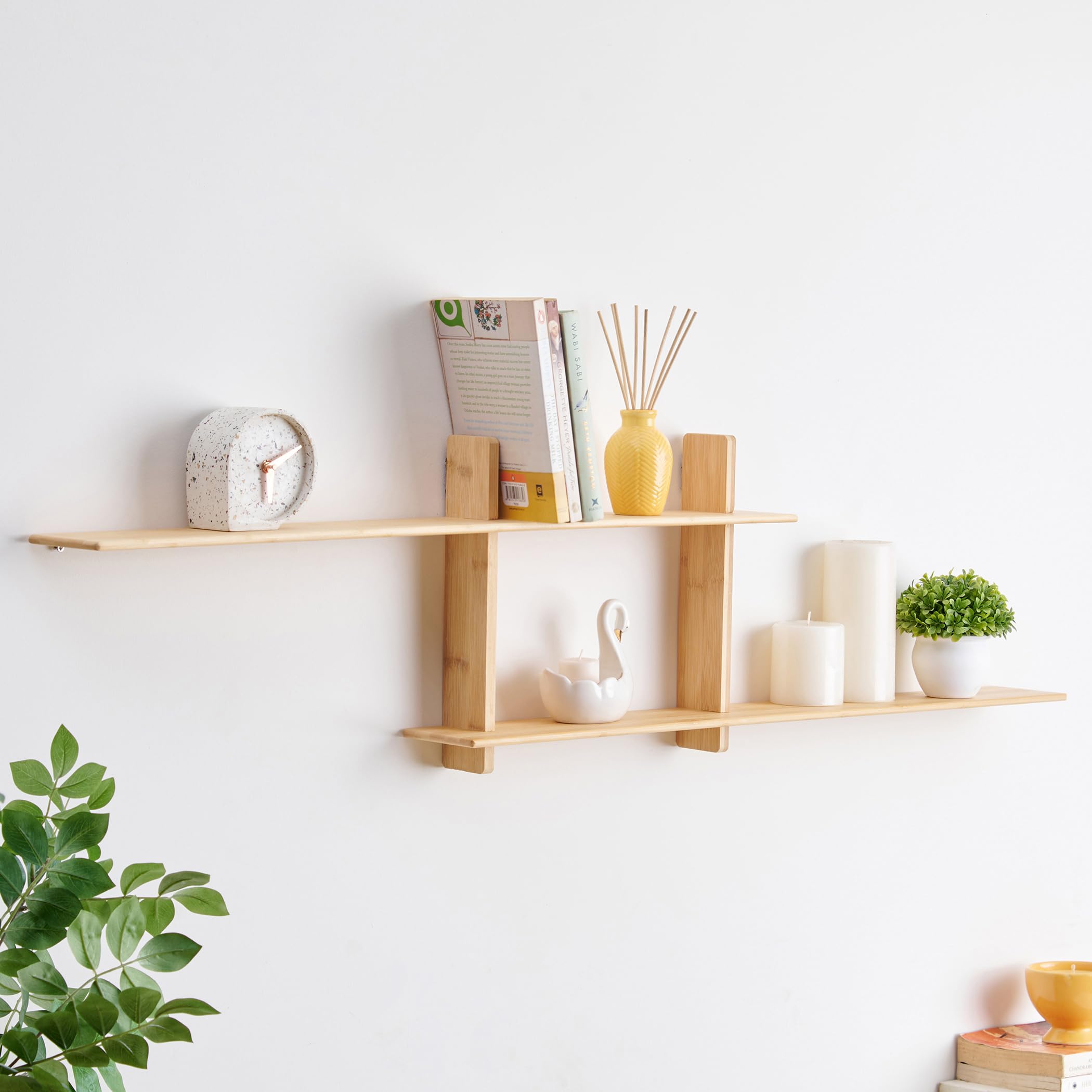Home Centre Midori Bamboo 2-Tier Wall Shelf | 2-Tier Wall Shelf