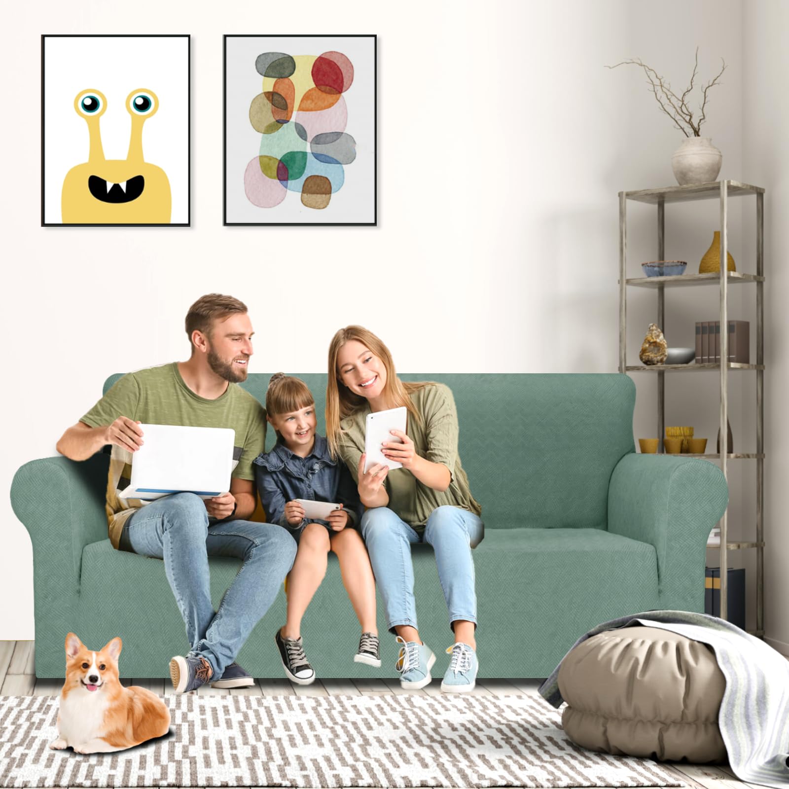 YSTELLAA Elasticizzato Copridivano 1 Posto, Moderno Copripoltrona, Universale Copri Divano Con Braccioli, Copridivano Antigraffio Gatto Cani, Sofa Cover Antiscivolo Lavabili, Verde Fagiolo