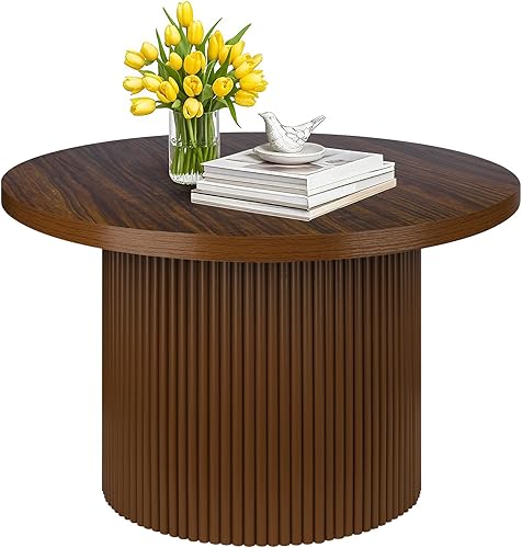 Mesa de centro redonda de 31.5 pulgadas, única mesa de té de madera marrón pequeña, mesa central redonda bohemia moderna de mediados de siglo para