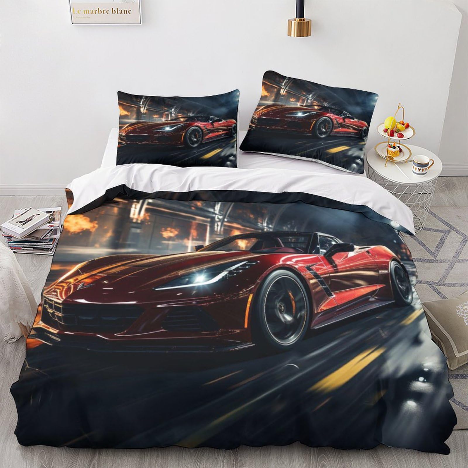 GEEYOU Luxury Car Colorful Comforter Cover Hidden Zipper Supercar Duvet Cover Set with Pillowcases Bedding Set Soft Microfiber Quilt Cover Set Various Sizes for Kids Adults King（220x240cm）