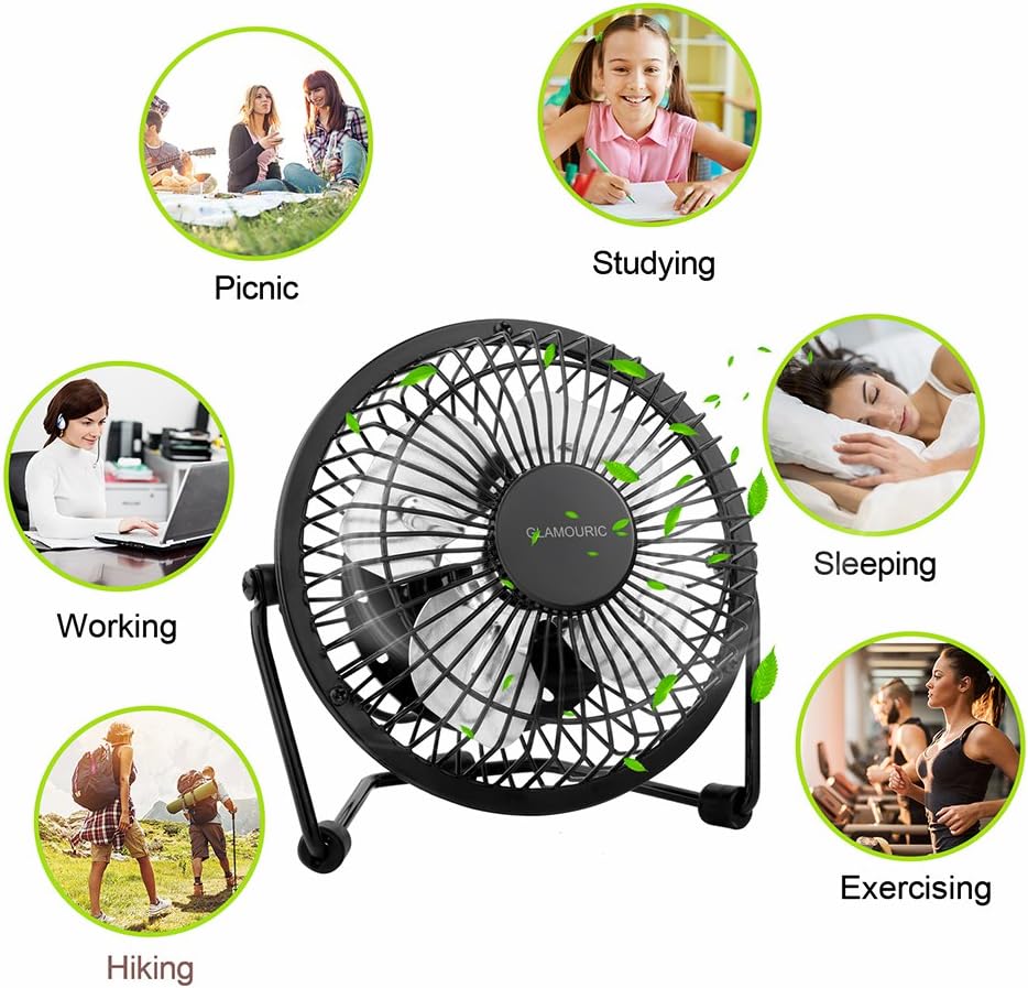GLAMOURIC Mini Metal Table Fan Small USB Quiet Portable Desk Fan High Compatibility Black - For Home, Office