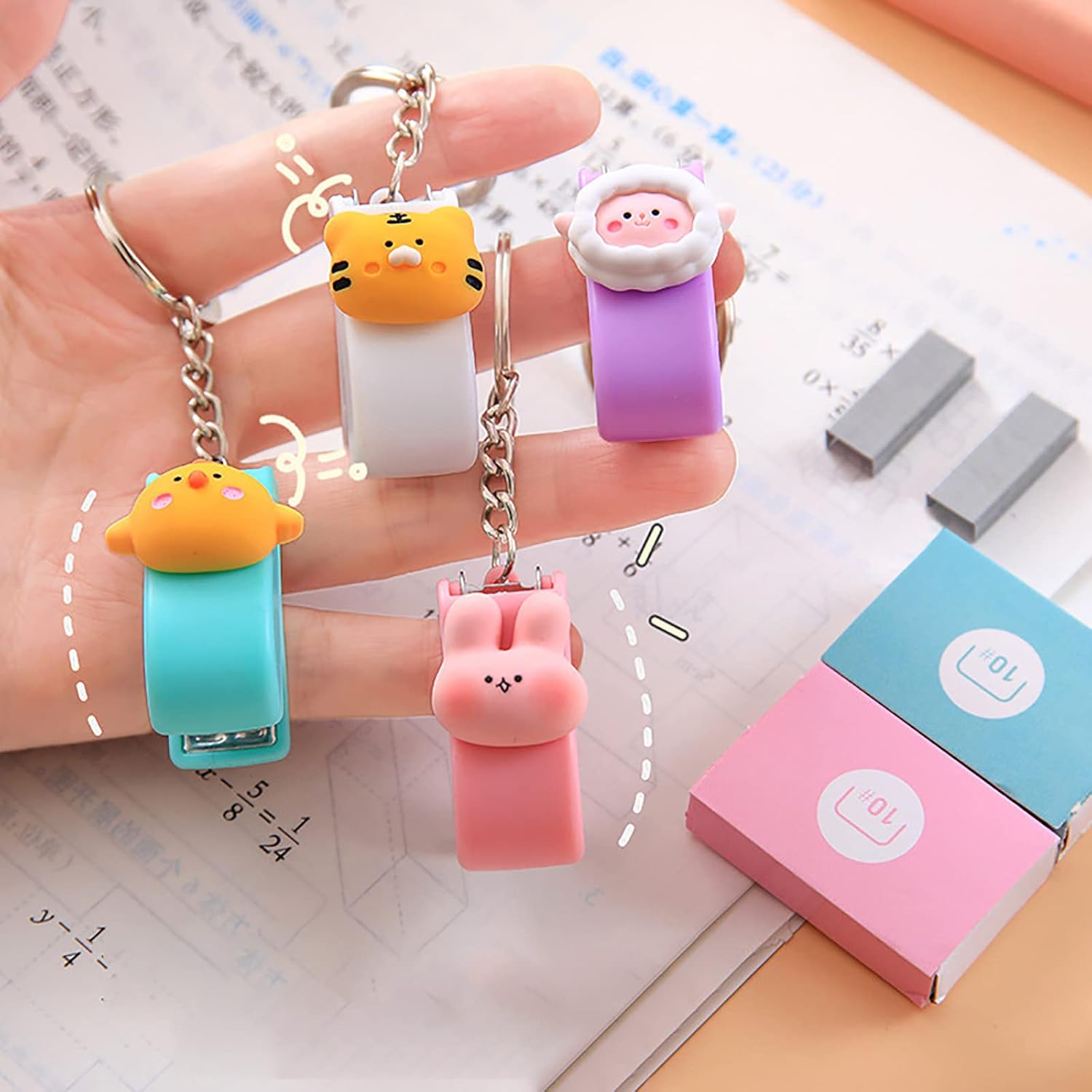 Mini Cute Stapler with Keychain, 3 Pack Portable Cartoon