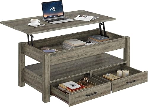 Rolanstar Mesa auxiliar, mesa auxiliar de 47.2 pulgadas con cajones y compartimento oculto, mesa central retro con mesa de elevación de madera, para