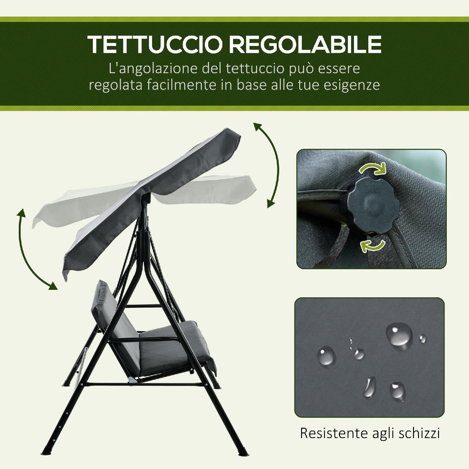 Dondolo da Giardino 3 Posti con Tettuccio Parasole in Acciaio/Poliestere Dimensioni 172x110x153 cm Colore Grigio