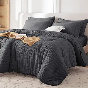 MUXHOMO 5 Pieces Twin Comforter Set, Seersucker Bed in a Bag Twin Size, All Season Luxury Bedding Set with Comforter, Flat Sheet, Fitted Sheet, Pillowcase & Sham, Dark Grey